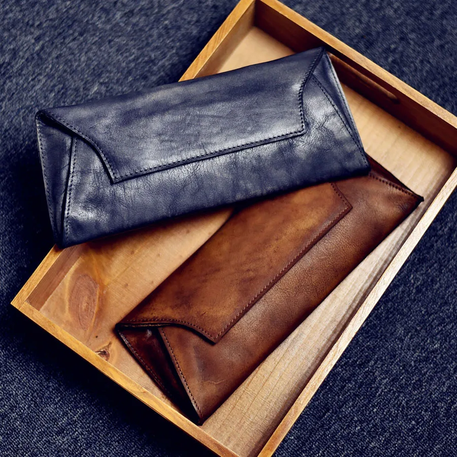 

Vegetable Tanning Cowhide Genuine Leather mobile phone Banquet Hand Package Woman Wallets Concise Head Layer Cowhide Long Purse