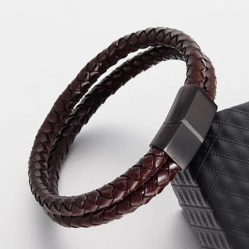 

Trendy Leather Bracelet Men 2019 Simple Double Layers Handmade Weave Stainless Steel Bracelet&Bangle For Men Jewelry Classic