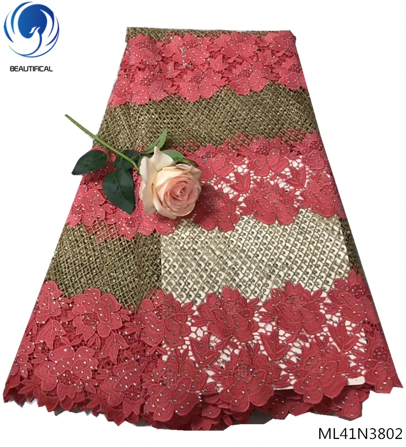 

BEAUTIFICAL african tulle french with guipure lace fabric 5 yards quality stones cord net lace fabric ML41N38