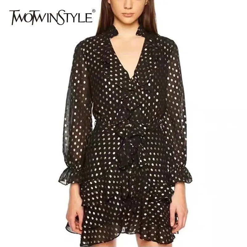 

TWOTWINSTYLE Spring Polka Dot Dress Women V Neck Long Sleeve High Waist Ruffle Patchwork Dresses Female 2019 Casual Fashion