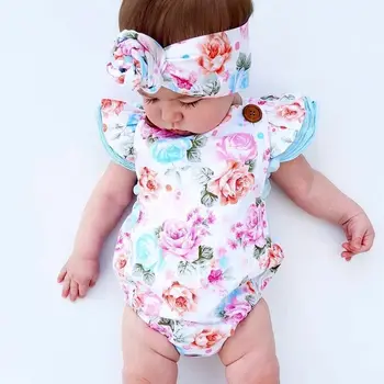 

Ruffled Short sleeve Buttons Decor Floral Baby Romper with Headband