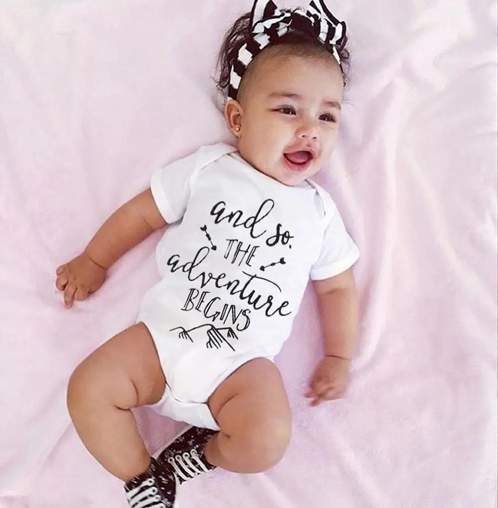 

Summer 2020 Baby Boys Girls Newborn Cotton Short Sleeve Romper Infant and So Adventure Begins Letter Printed Jumpsuit Clothes