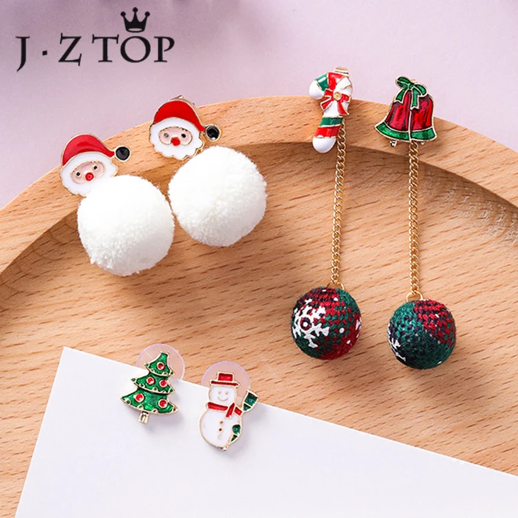 Jztop Cute Santa Claus Hair Ball Drop Earrings Woman Classic Christmas Tree Snowman Bell Asymmetric Dangle Girl Gifts | Украшения и