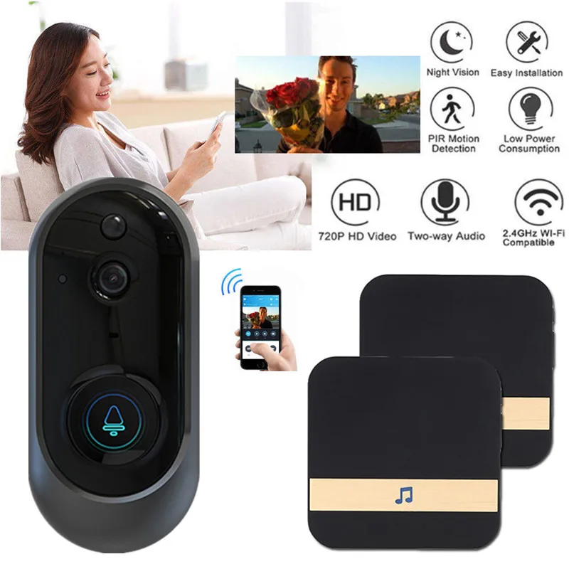 

Home Security Smart Wireless WiFi Doorbell HD Camera IR Video Phone Intercom + Ding Dong Bell
