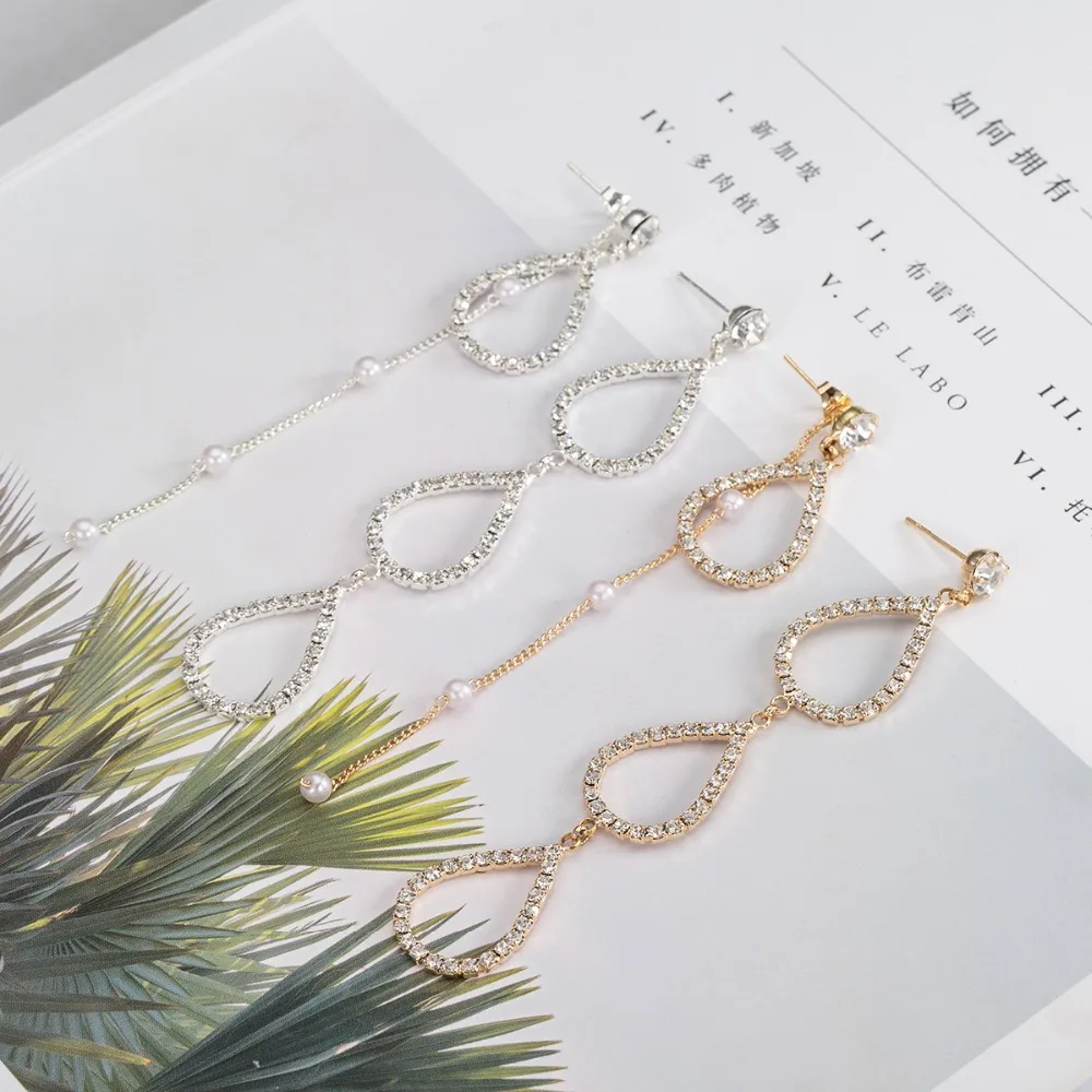 New Fashion Golden Silver Plated Dangle Hanging pear Rhinestone Long Drop Earrings For Women Jewelry brincos bijoux E575