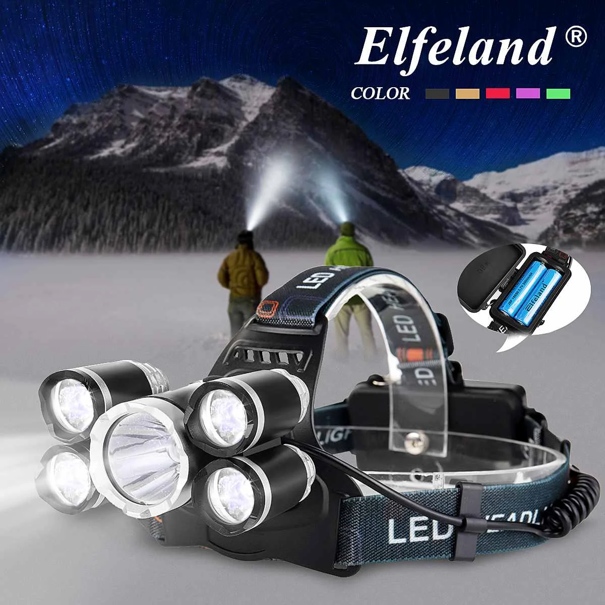 

Lumens 5x T6 LED Headlamp USB Rechargeable 18650 Li-ion Fixed-focus Headlight Head Torch Elfeland