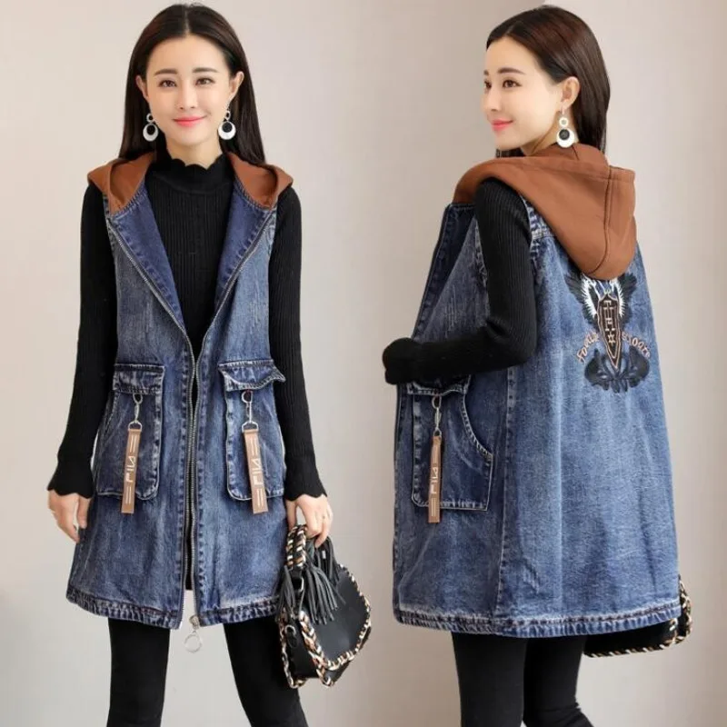 

#3312 Spring Autumn Sleeveless Jacket Women With Hooded Embroidery Long Denim Vest Women Cowboy Loose Vintage Waistcoat