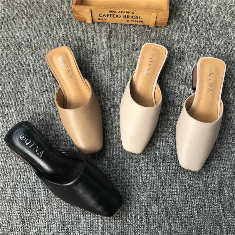 

Women Solid Color Mules Low Heels Soft Leather Slip Ons Slides Summer Slippers 4 cm Heel