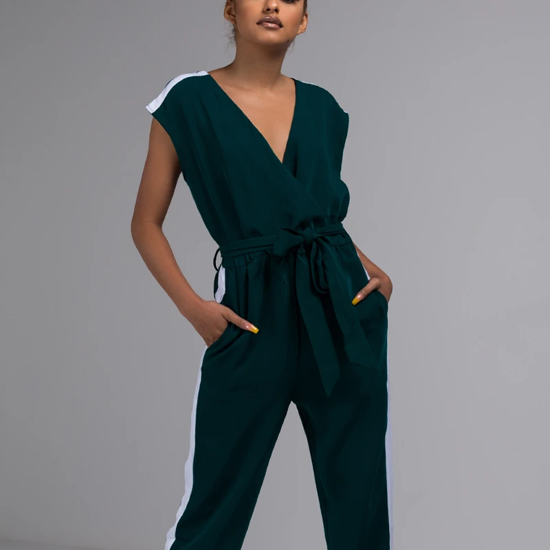 AKIRA Women's Cap Sleeve Deep V Slinky Contrast Stripe Self Tie Belt Waist Straight Leg Pant Jumpsuit |