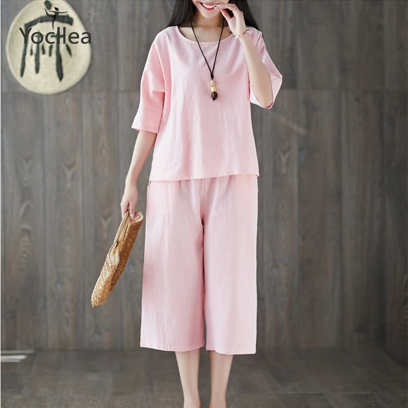 

2pcs Cotton Linen pink outfits set 2019 Fashion Summer women two piece set short sleeve t shirt +wide leg pants suits