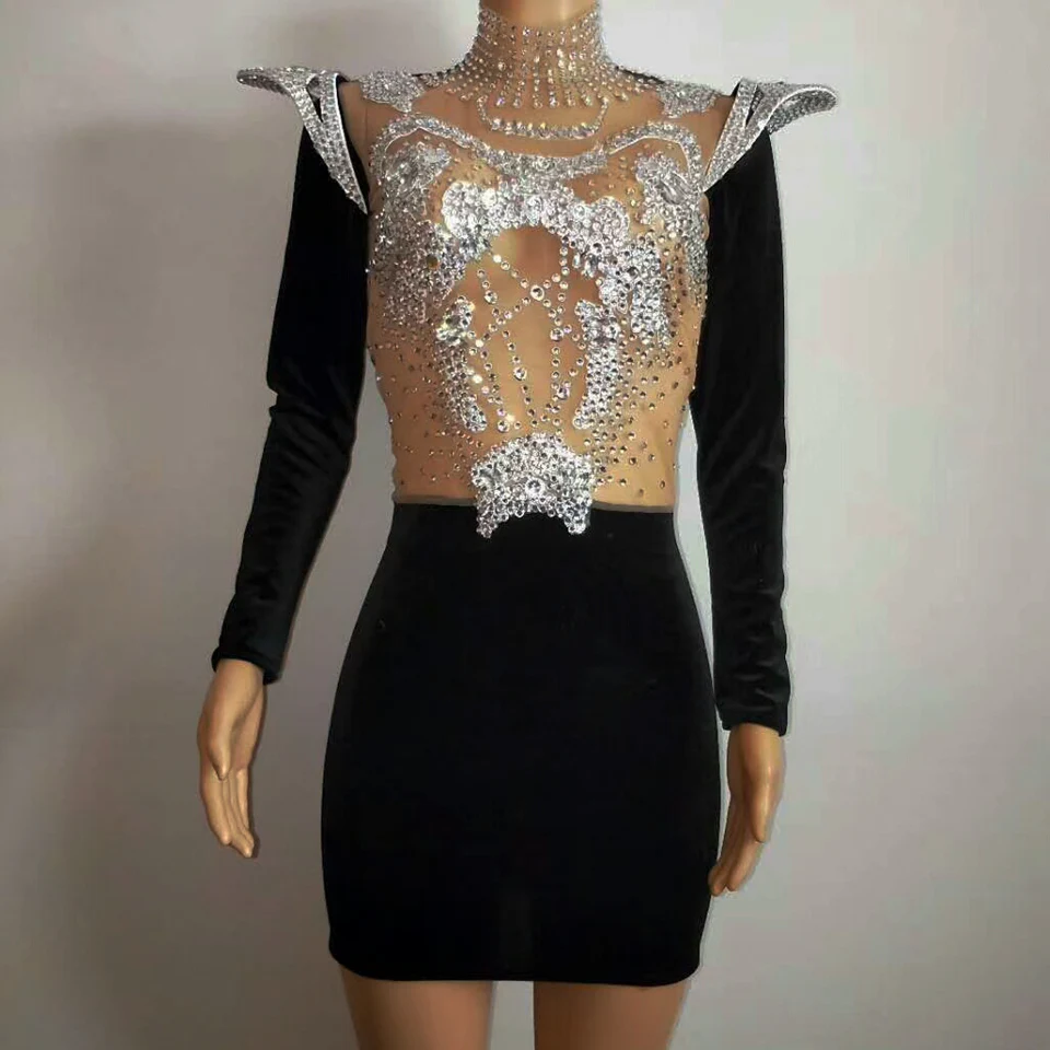 

Sparkly Silver Rhinestone Mini Dress Women Crystal Female Singer Outfit Nightclub Birthday Party Stage Show Bodycon Mesh Dresses
