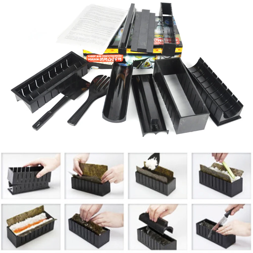 

10 in 1 Sushi Maker Kit Rice Roll Mold DIY Kitchen Easy Chef Mould Roller Cutter