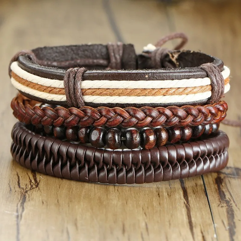 Casual Men Leather Bracelet Wood Beads Hand Braided Multi Layer