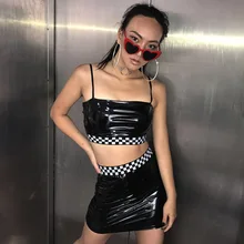 Yewa магазин Для женщин рубашки из спандекса пикантные летние половина тела кожаная юбка дамы Шахматная Разделение совместное хип-длинные юбки