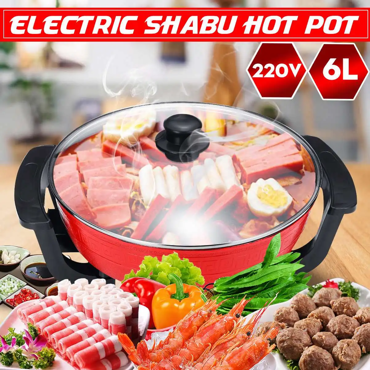

220V Non-Stick 6L 1300W Electric Hot Pot Shabu 5 Temperature Settings for 1-10 Person Dinner Home Kitchenware Table Smokeless