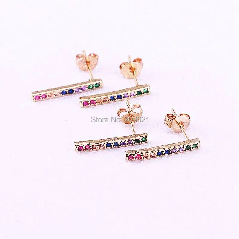 

New Arrived 10Pairs Tiny cute fashion jewelry rainbow cz colorful thin bar gold color stud earring for Women Girl