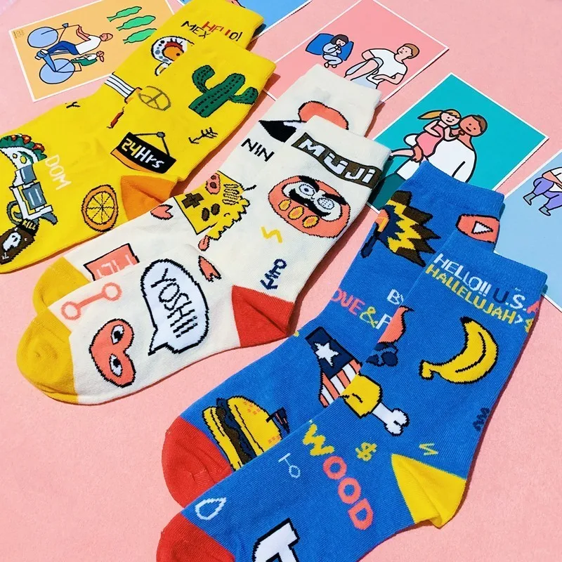 

New Harajuku Japan Style Women Funny Long Socks Colored Warm Cotton Fashion Female Cute Art Socks Hipster Student Painting Sox