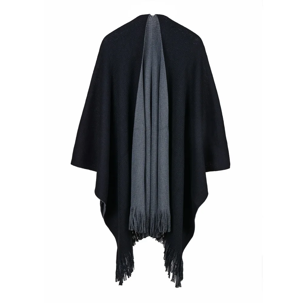 

Autumn and Winter Fanjia Thick Simple Baitao AB Double-sided Open-forked Large Shawl Knitted Shirt Cloak Warp Knitted Woman