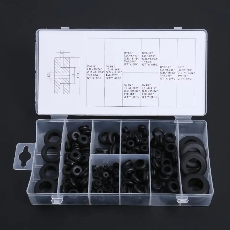 180 Pc Conjunto de goma Ojal Surtido Kit de junta de alambre eléctrico cableado de firewall