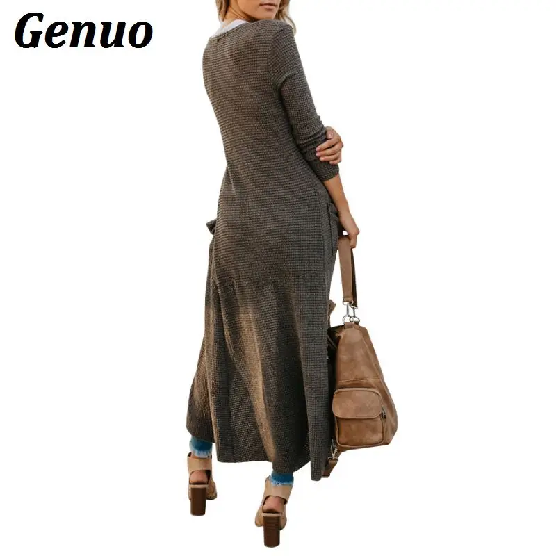 Winter Woman Sweater Cardigans Female Women Long Sweater Coat Knitting Long Sleeve Solid Button Pocket Long Coat Knitwear Genuo