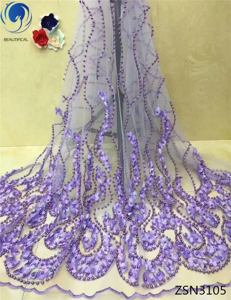 

BEAUTIFICAL 3d lace fabric 3d beaded lace fabric nigerian lace fabric 2019 light purple flowers style 5yards free shipping ZSN31