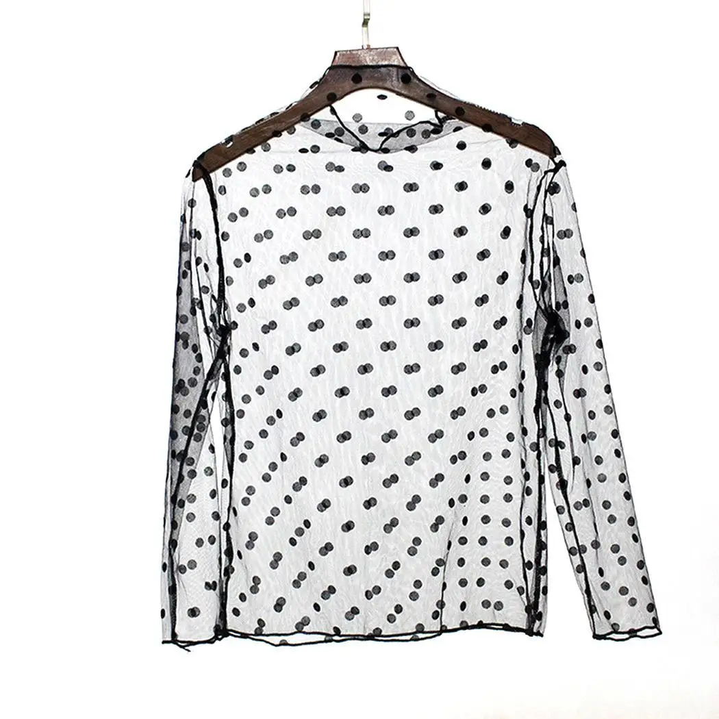 

Women Fashion Stand Collar Long Sleeve Loose See-Through T-shirt Mesh Bottoming Shirt Black Casual Regular