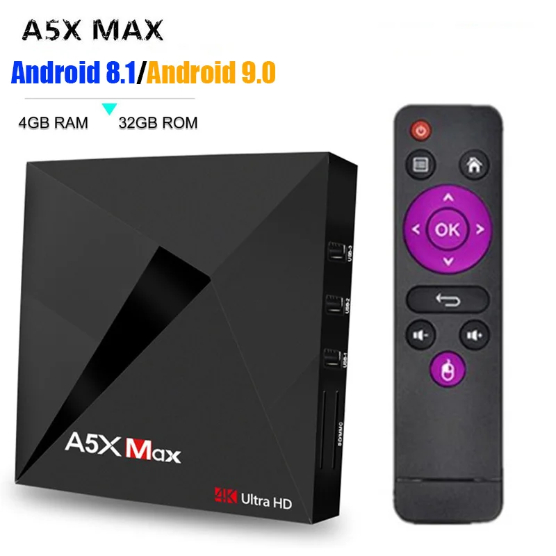 

A5X MAX Smart TV Box Android 8.1/9.0 RK3328 4GB RAM 32GB ROM 2.4G WIFI Bluetooth 4 Set Top Box Support HDR 4K Smart Media Player