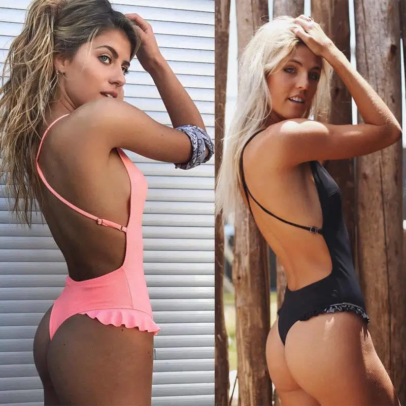 

Swimwear Women Bikini 2019 Sexy Spaghetti Strap Deep V-Neck Ruffles One-Piece Swimsuit Beachwear Bathing Suit