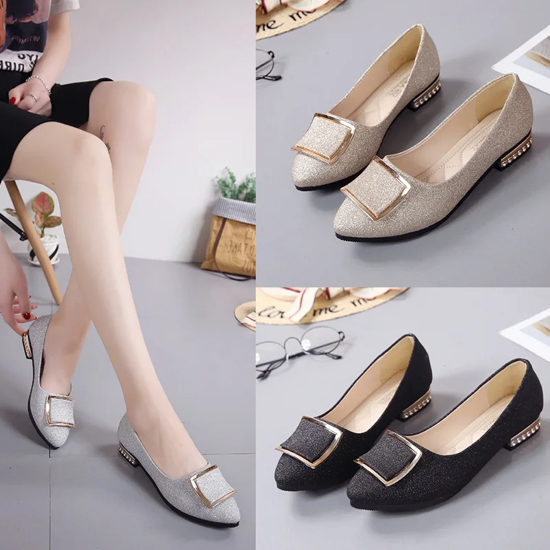

2019 spring new women's single shoes Korean sequins pointed square buckle fashion low with casual single shoes women