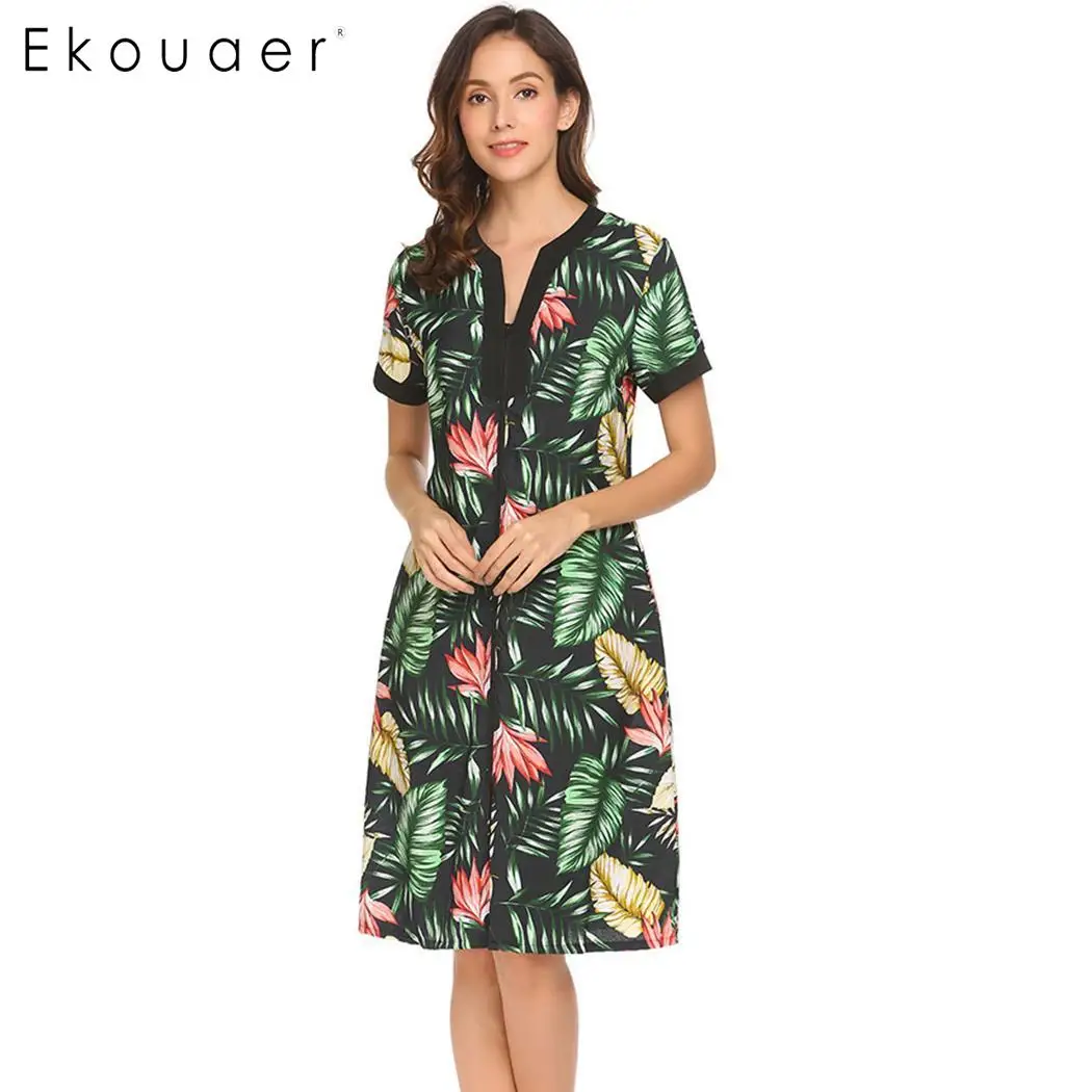 Ekouaer, женская ночная рубашка с v-образным вырезом, короткий рукав, цветочный рисунок спереди, пижама с застежкой-молнией, ночная рубашка, Женская сорочка, ночная рубашка