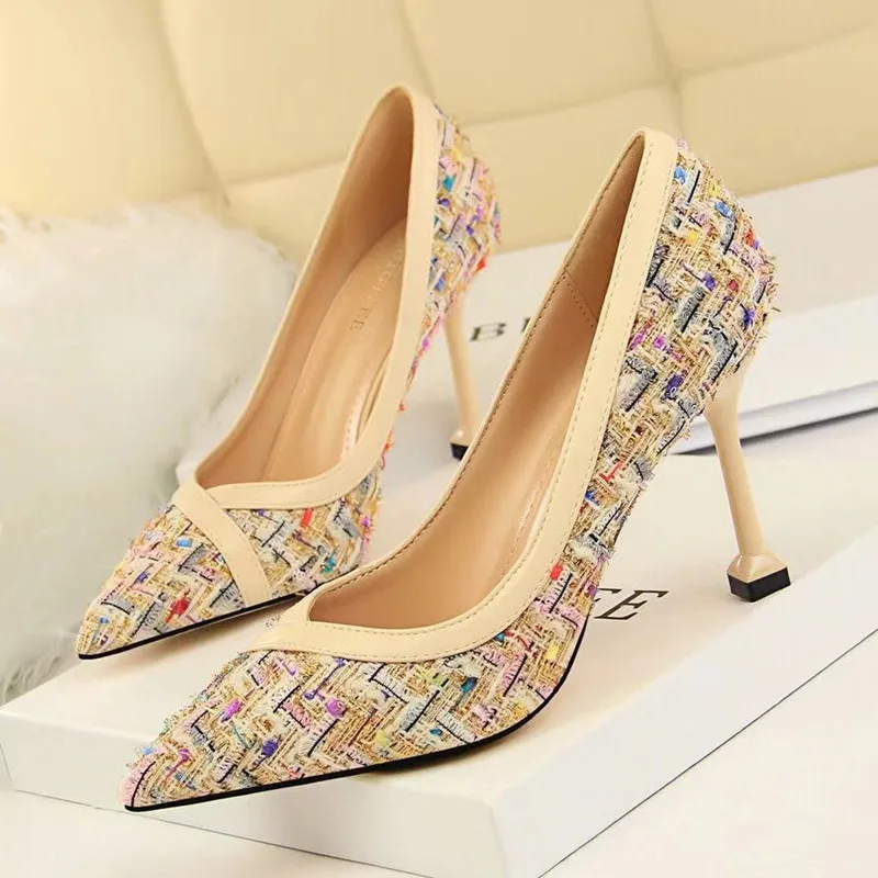 

Fashion Red Sheepskin Women'S Pumps Shoes Stiletto High Heels Mixed Color Lattice Party Europe America Office Shoes