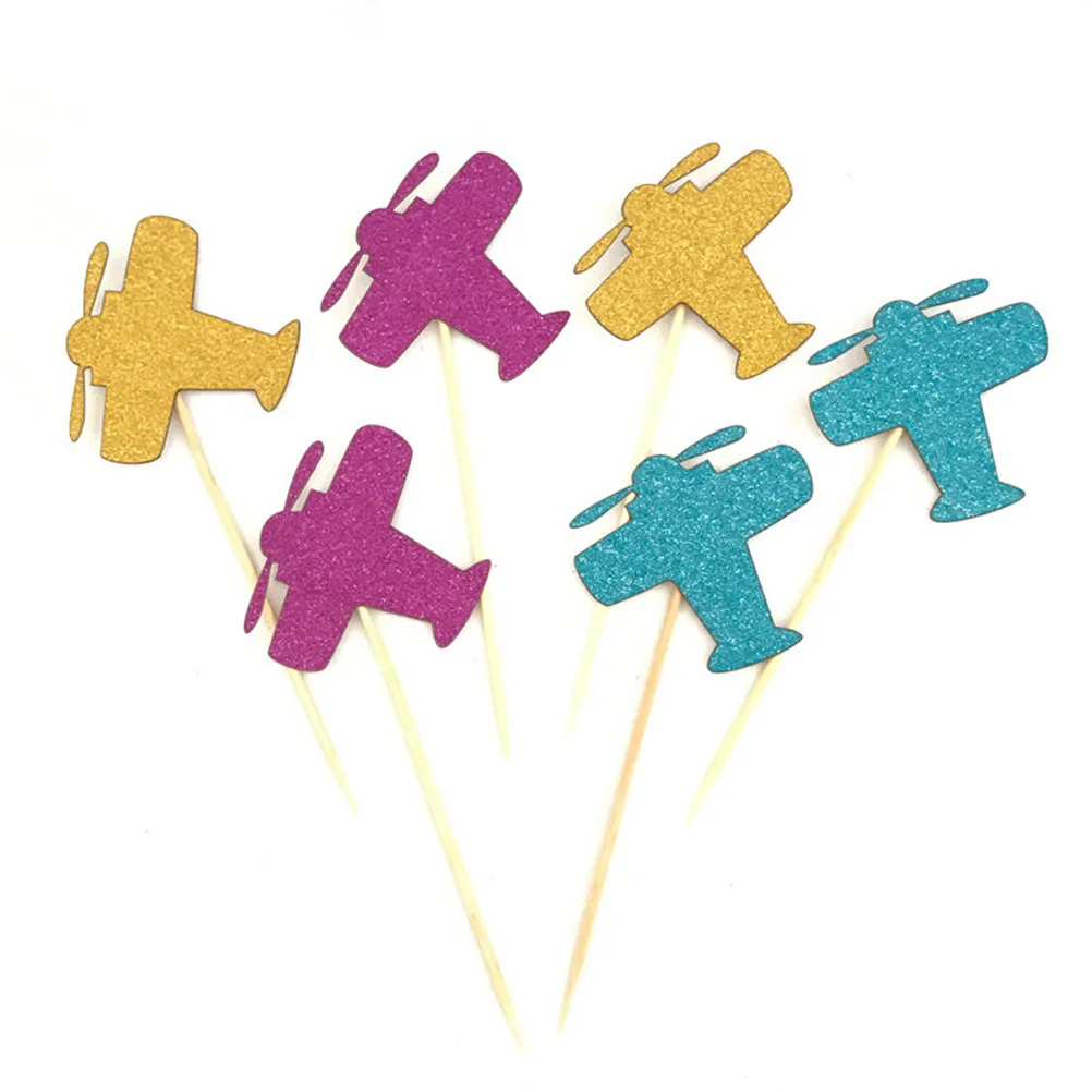 

24PCS Airplane Cupcake Toppers Decorative Glittering Bread Muffin Fruit Cake Picks Toppers for Birthday Themed Party Baby Shower