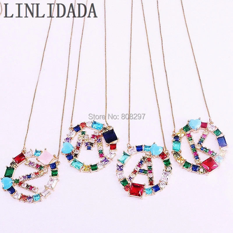 

5Pcs New Arrival Rainbow Square Crystal Zircon 26 Alphabet Letter Pendant Necklace, CZ Stone Micro Pave Round Jewelry Pendant