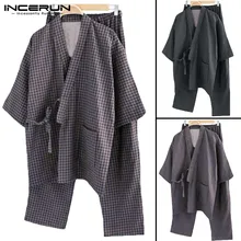 Удобные пижамные комплекты из хлопка Для мужчин халат пижама костюм для кимоно 2 шт./компл. платье в полоску 5XL свободные Hombre мужской пижамы для дома