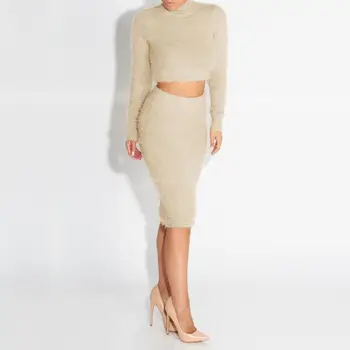 

New 2pcs Autumn Sexy Sweater Set Women Crop Tops Midi Skirt Solid Color High Neck Bodycon Outfits Club Party Fashion Women Set