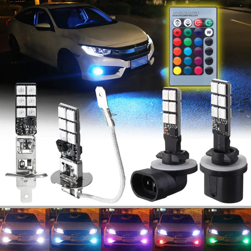 

2Pcs H1 H3 RGB Wireless 5050 Control 12 SMD Strobe Led Decoration DRL Fog Light Bulbs Parking Daytime Running Backup Lamp Remote