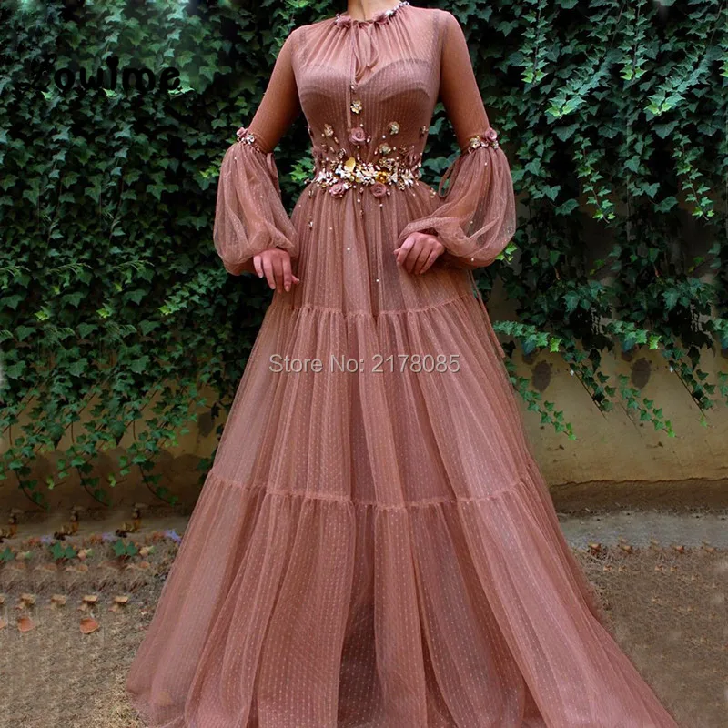 Blush Pink Evening Dresses Long Sleeves Arabic Party Gowns 2019 Vestido De Festa With Beaded Handmade Flowers Tulle Prom Dress Blush Pink Evening Dresses Long Sleeves Arabic Party Gowns 2019 Vestido De Festa With Beaded Handmade Flowers Tulle Prom Dress