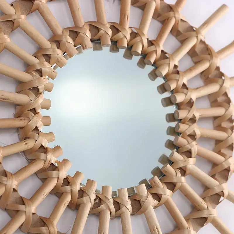 Espejo de pared colgante de baño de tocador Interior suave espejo de maquillaje redondo decoración de arte con flecos de Macrame innovador de ratán