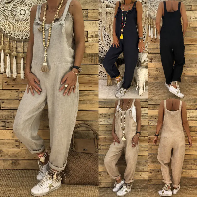 Plus Size 2019 Autumn Women Loose Casual Bib Overalls Cotton Linen Rompers Long Jumpsuits Solid Strappy Pockets Dungarees