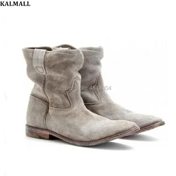 

KALMALL Retro-Style Crisi Boots Women Genuine Leather Flats Distressed Ankle Boots Slip On Motorcycle Booties Winter Fashion