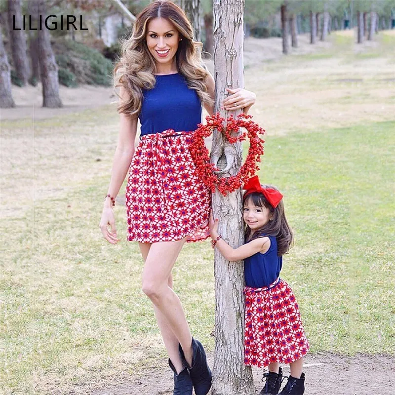 

LILIGIRL Sleeveless Kids Stitching Dresses for Girls Mommy and Me Dress Summer Family Matching Mother Daughter Clothes Outfits