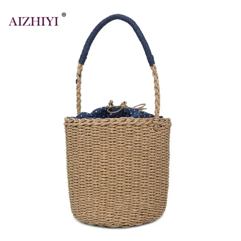 

Ladies Solid Color Casual Summer Beach Straw Weaving Shoulder Bucket Handbags Women Handmade Fashion Simple Small Top-handle Bag
