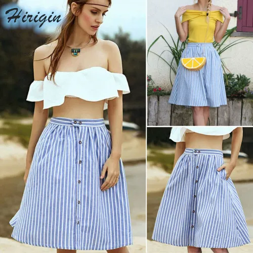 

Summer Skirts HOT Summer Women Casual Vintage Blue and White Stripped High Waist Loose Button Skirts