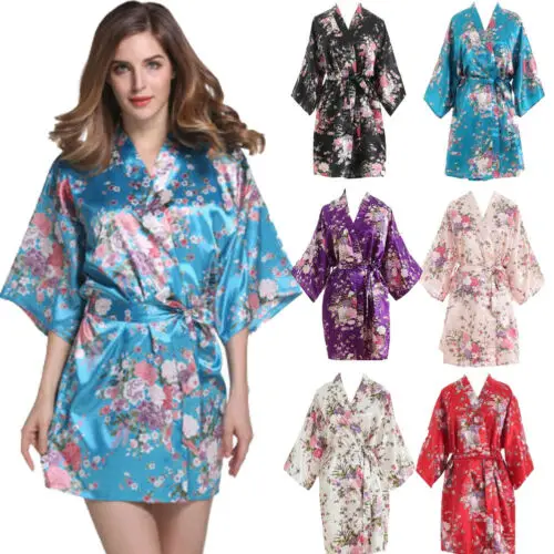 

Women's Floral Robe Dressing Short Gown Bridal Wedding Satin Slip Bride Bridesmaid Mini Kimono Sleepwear Bath wear