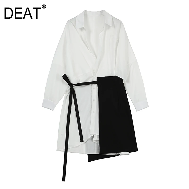 

[DEAT] 2019 New Autumn Winter Lapel Long Sleeve White Loose Bandage Split Joint Two Piece Shirt Dress Women Fashion JS10