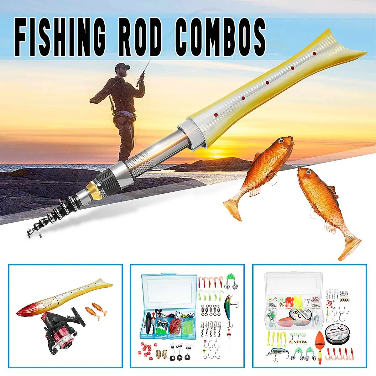 

Fishing Rod Combos Saltwater Freshwater Kit Telescopic Pole Spinning Reel Lure Fish-shaped Design Convenient Colors Beautiful