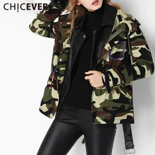 Chicever с длинным рукавом камуфляж с капюшоном воротник Пальто и пуховики широкий талией Для женщин одноцветное пальто новая мода уличная