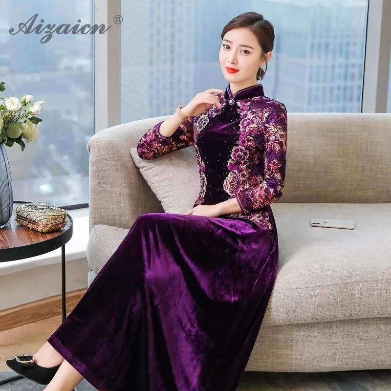 Новинка, вельветовое платье Чонсам с вышивкой, темно-Красное Длинное Ципао, оригинальное платье, женское традиционное китайское платье, Qi Pao, платья для вечеринок