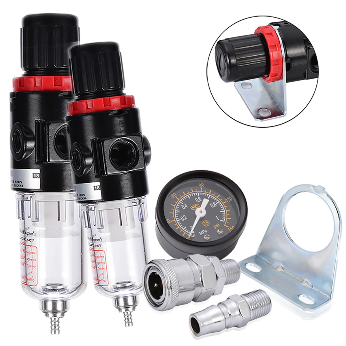

1/4"BSP AFR2000 Air Compressor Oil Water Regulator Filter with Guage Mount and Fittings Set