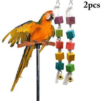 

2pcs Bird Chewing Toy Multicolored Wooden Blocks Attract Pet's Attention Parrot Gnawed Wood String Toy Pet Bird Cage Accessories